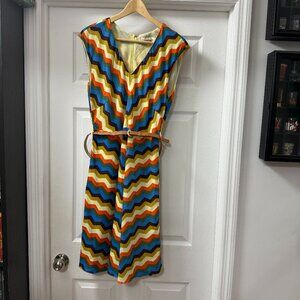 Vintage Louche multicolor duchess-zigzag lined dress size L 14 (runs small)